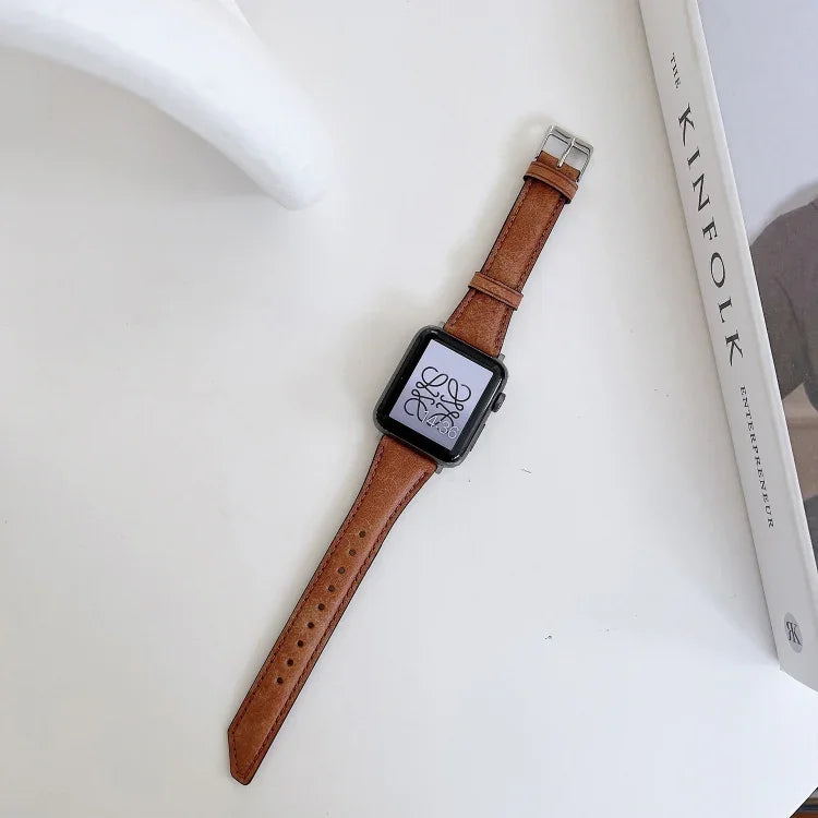 Knife Tail Shaped Cowhide Replacement Watchband For Apple Watch Series, 7 45mm / 6&SE&5&4 44mm / 3&2&1 42mm, 7 41mm / 6&SE&5&4 40mm / 3&2&1 38mm