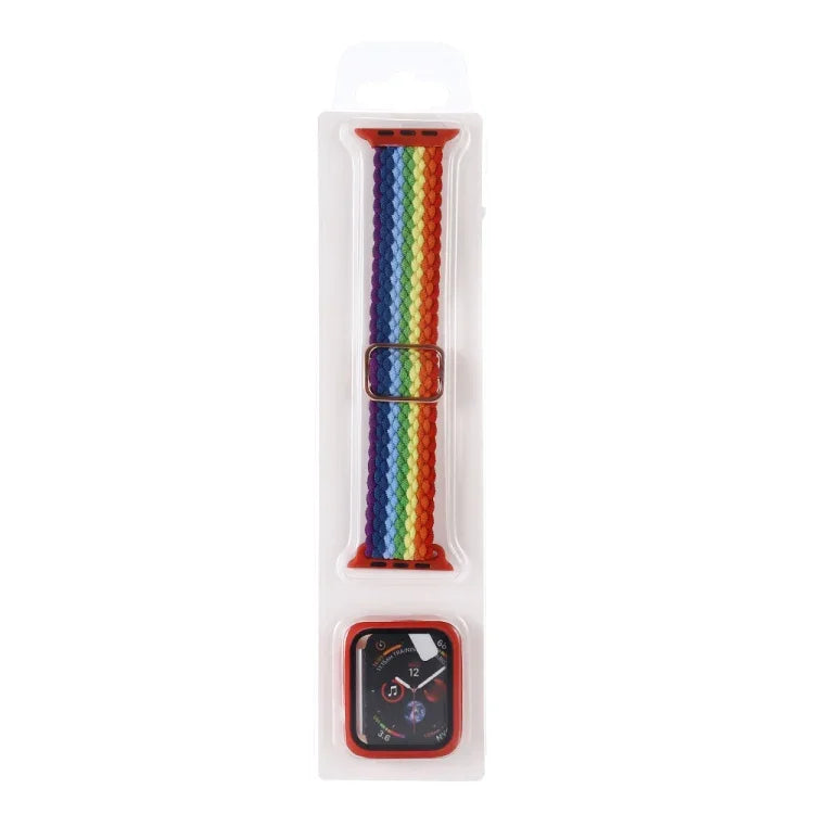 Adjustable Striped Woven Nylon Watchband + Watch Case Set For Apple Watch Series, 7 41mm/6&SE&5&4 40mm/3&2&1 38mm, 7 45mm/6&SE&5&4 44mm/3&2&1 42mm