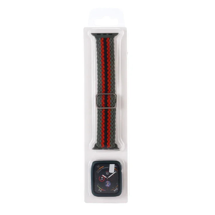 Adjustable Striped Woven Nylon Watchband + Watch Case Set For Apple Watch Series, 7 41mm/6&SE&5&4 40mm/3&2&1 38mm, 7 45mm/6&SE&5&4 44mm/3&2&1 42mm
