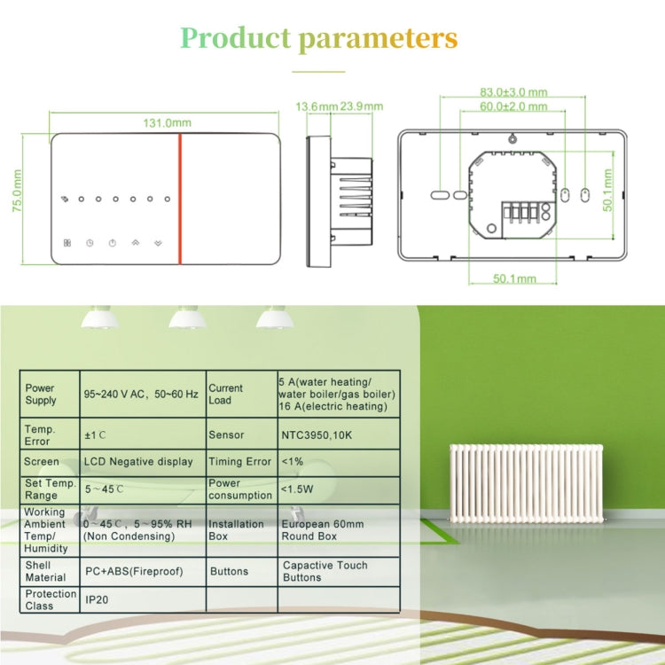 BHT-005-GC 220V AC 3A Smart Home Heating Thermostat for EU Box, Control Boiler Heating with Only Internal Sensor, BHT-005-GC