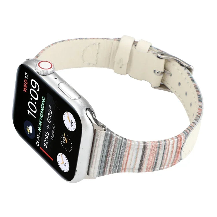 Genuine leather Apple Watch band featuring stitching stripes, compatible with Apple Watch Series 5 and ergonomic design.