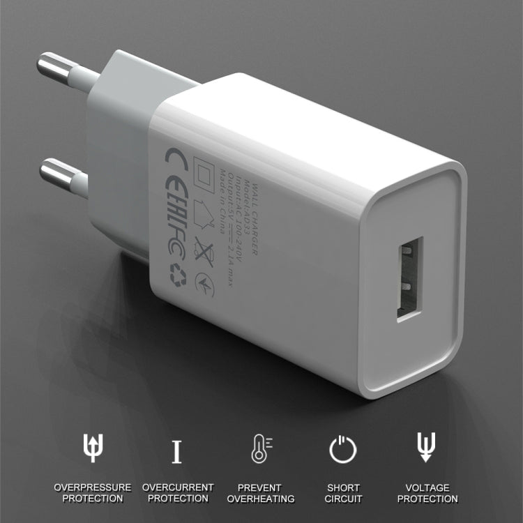 IVON AD-33 2 in 1 2.1A Single USB Port Travel Charger + 1m USB to Micro USB Data Cable Set,, EU Plug, US Plug