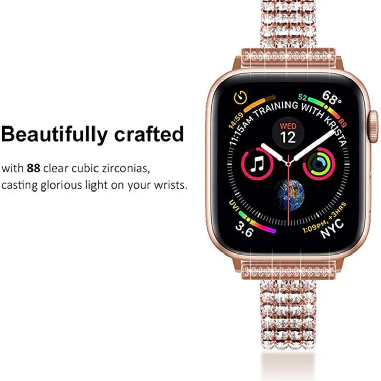 Four-row Diamond-set Metal Watchband For Apple Watch Series, 7 41mm / 6&SE&5&4 40mm / 3&2&1 38mm, 7 45mm / 6&SE&5&4 44mm / 3&2&1 42mm