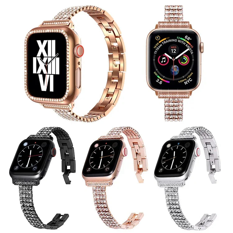 Four-row Diamond-set Metal Watchband For Apple Watch Series, 7 41mm / 6&SE&5&4 40mm / 3&2&1 38mm, 7 45mm / 6&SE&5&4 44mm / 3&2&1 42mm