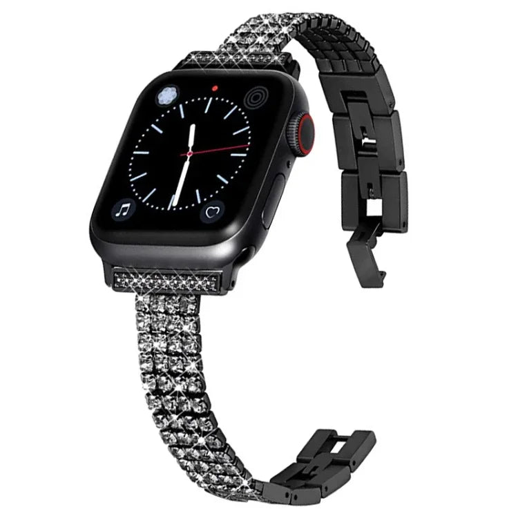 Four-row Diamond-set Metal Watchband For Apple Watch Series, 7 41mm / 6&SE&5&4 40mm / 3&2&1 38mm, 7 45mm / 6&SE&5&4 44mm / 3&2&1 42mm