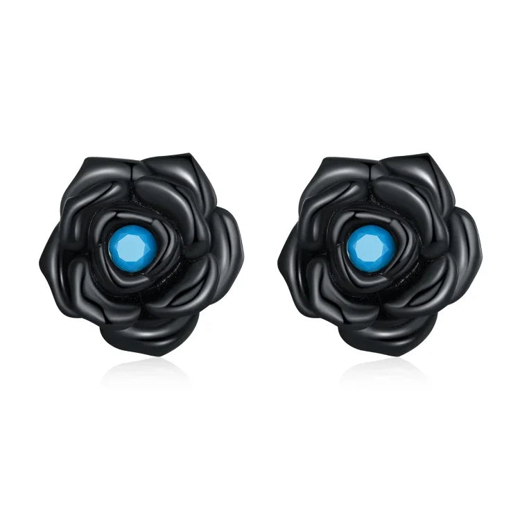 S925 Sterling Silver Black Rose Ear Stud Women Earrings, Black Rose