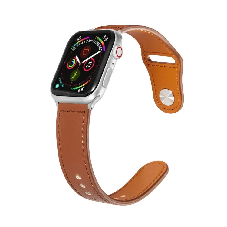 Nail Silver Buckle Leather Watch Band For Apple Watch Series, 7 41mm / 6&SE&5&4 40mm / 3&2&1 38mm, 7 45mm / 6&SE&5&4 44mm / 3&2&1 42mm