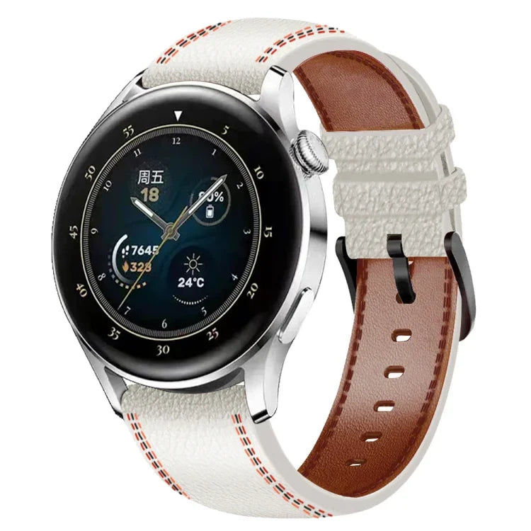 Sewing Thread Genuine Leather Watch Band, For Samsung Galaxy Watch 3 45mm, For Huawei Watch GT 3 46mm
