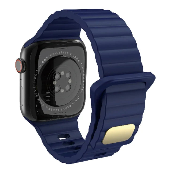 Breathable silicone watch strap for Apple Watch shown in dark blue, compatible with multiple series and sizes.