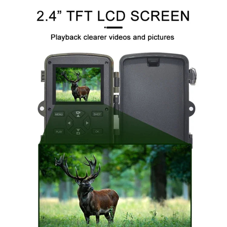 H888WIFI 4K hunting trail camera with WiFi displaying 2.4 inch TFT LCD screen for clearer video playback.