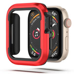 Apple Watch protective case in red aluminum alloy design for enhanced protection and easy access to buttons.