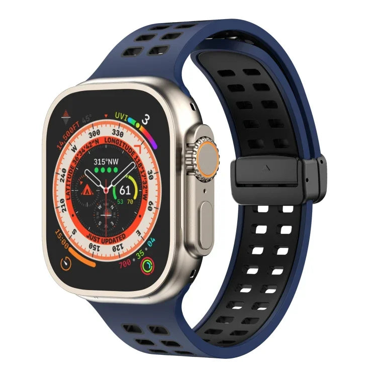 Magnetic Fold Clasp Square Holes Silicone Watch Band, For Apple Watch Series 8&7 45mm, For Apple Watch Series 8&7 41mm