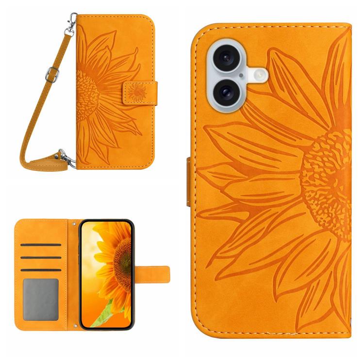 Skin Feel Sun Flower Embossed Flip Leather Phone Case with Lanyard, For iPhone 17e / 16e, For iPhone 17 Pro Max, For iPhone 17 Pro, For iPhone 17