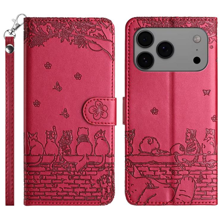 Cat Embossing Pattern Leather Phone Case with Lanyard, For iPhone 16e / 17e, For iPhone 17 Pro Max, For iPhone 17 Pro, For iPhone 17, For iPhone Air, For iPhone 16 Pro Max, For iPhone 16 Pro, For iPhone 16 Plus, For iPhone 16