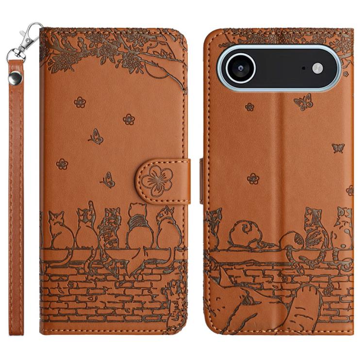 Cat Embossing Pattern Leather Phone Case with Lanyard, For iPhone 16e / 17e, For iPhone 17 Pro Max, For iPhone 17 Pro, For iPhone 17, For iPhone Air, For iPhone 16 Pro Max, For iPhone 16 Pro, For iPhone 16 Plus, For iPhone 16