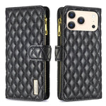 Diamond Lattice Zipper Wallet Leather Flip Phone Case, For iPhone 18 Pro/17 Pro, For iPhone 18 Pro Max/17 Pro Max, For iPhone 17, For iPhone 17 Air, For iPhone 16 Pro Max, For iPhone 16 Pro, For iPhone 16 Plus, For iPhone 16