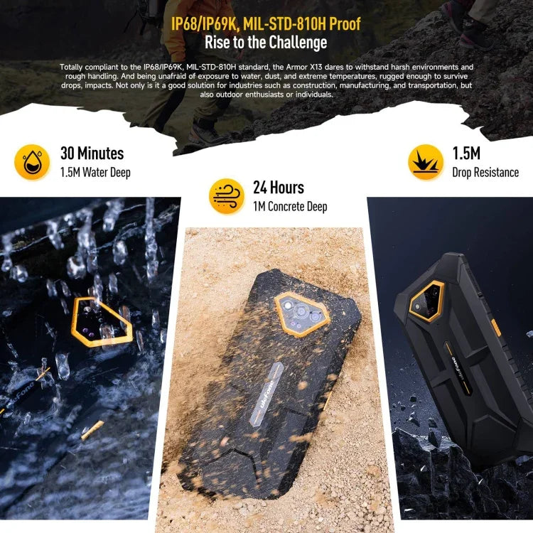 Ulefone Armor X13, IP68/IP69K Rugged Phone, 6.52 inch Android 15 MediaTek Helio G36 Octa Core, Network: 4G, NFC, OTG, 6GB+64GB