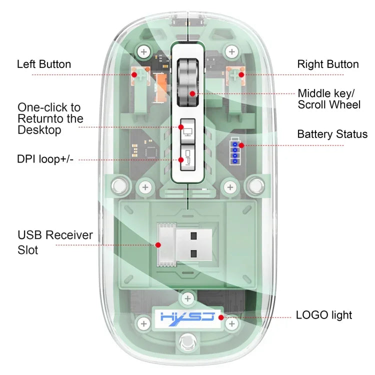 HXSJ T900 Transparent Magnet Three-mode Wireless Gaming Mouse