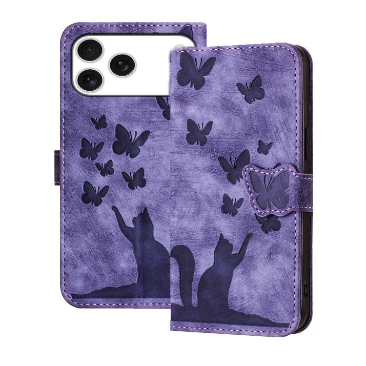 Butterfly Cat Embossing Flip Leather Phone Case, For iPhone 17 Pro Max, For iPhone 17 Pro, For iPhone 17, For iPhone Air, For iPhone 15 Pro Max, For iPhone 15 Pro, For iPhone 15 Plus, For iPhone 15, For iPhone 14 Plus