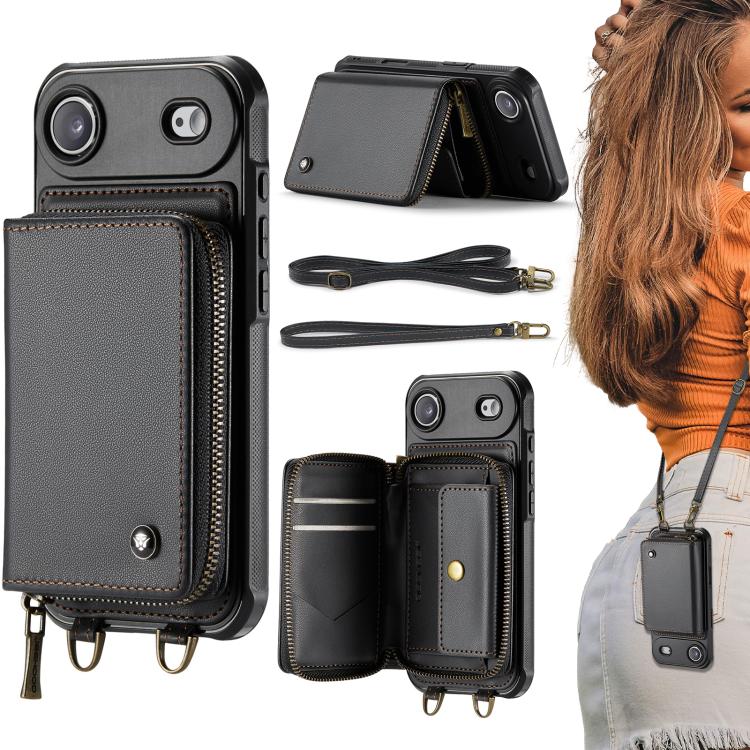 JEEHOOD C22 Series Zipper Wallet Leather Phone Case with Dual Lanyard, For iPhone 17 Pro Max, For iPhone 17 Pro, For iPhone Air, For iPhone 16 Pro Max, For iPhone 16 Pro, For iPhone 16 Plus, For iPhone 16, For iPhone 15 Pro Max