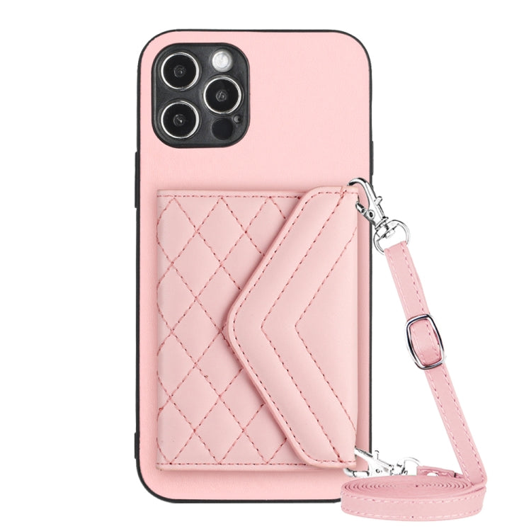 Rhombic Texture Card Bag RFID Phone Case with Long Lanyard, For iPhone SE 2022 / SE 2020, For iPhone 13 Pro Max, For iPhone 13 Pro, For iPhone 13, For iPhone 13 mini, For iPhone 12, For iPhone 12 Pro Max, For iPhone 12 Pro