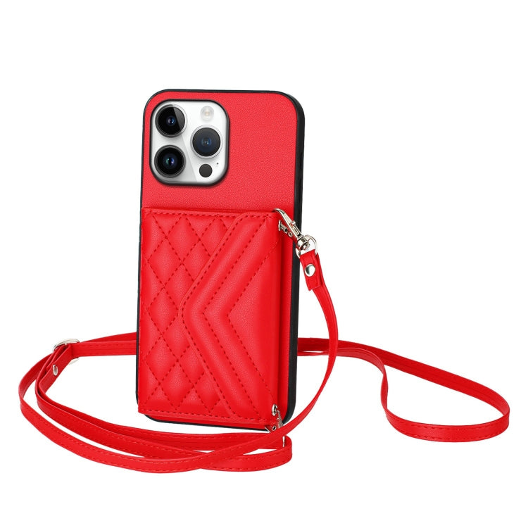 Rhombic Texture Card Bag RFID Phone Case with Long Lanyard, For iPhone 17 Pro Max, For iPhone 17 Pro, For iPhone 17, For iPhone Air, For iPhone 16 Pro Max, For iPhone 16 Pro, For iPhone 16 Plus, For iPhone 16