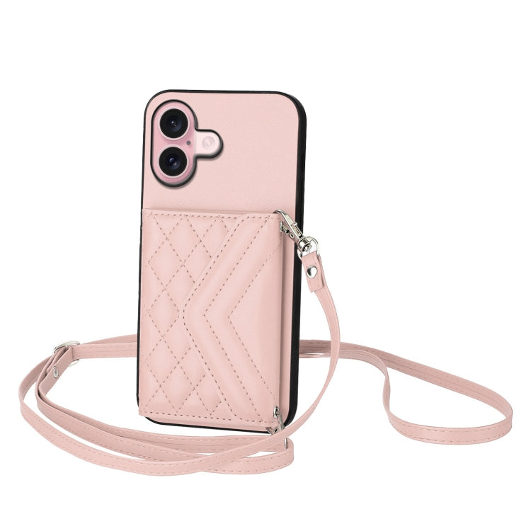 Rhombic Texture Card Bag RFID Phone Case with Long Lanyard, For iPhone 17 Pro Max, For iPhone 17 Pro, For iPhone 17, For iPhone Air, For iPhone 16 Pro Max, For iPhone 16 Pro, For iPhone 16 Plus, For iPhone 16