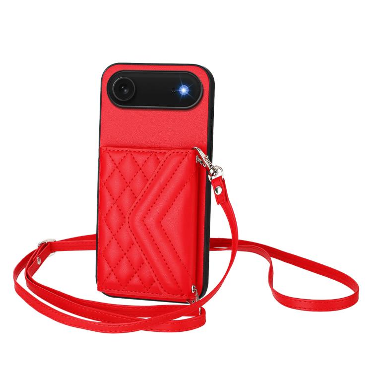 Rhombic Texture Card Bag RFID Phone Case with Long Lanyard, For iPhone 17 Pro Max, For iPhone 17 Pro, For iPhone 17, For iPhone Air, For iPhone 16 Pro Max, For iPhone 16 Pro, For iPhone 16 Plus, For iPhone 16