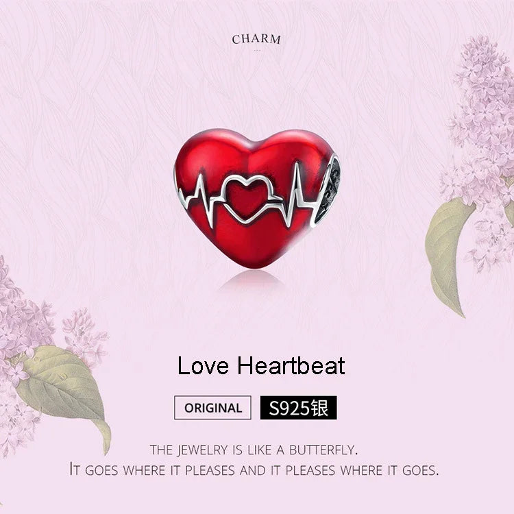 S925 Sterling Silver Pendant Love Heartbeat Red Love Heart Line Illustration Beads DIY Bracelet Necklace Accessories