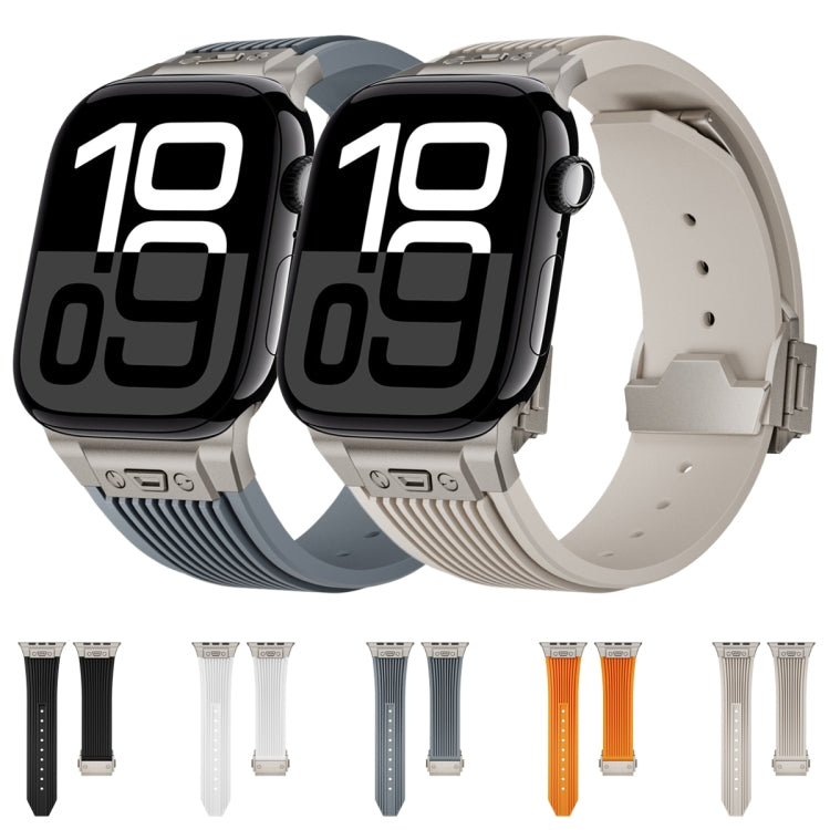 Vertical Texture Titanium Buckle Elastic Silicone Watch Band, For Apple Watch Series 10 46mm, For Apple Watch Series 10 42mm, For Apple Watch SE 2023 44mm, For Apple Watch Ultra 2 49mm, For Apple Watch Series 9 45mm, For Apple Watch Ultra 49mm         ...