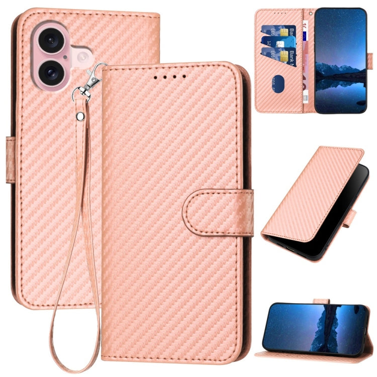 YX0070 Carbon Fiber Buckle Leather Phone Case with Lanyard, For iPhone 16 Pro, For iPhone 16 Plus, For iPhone 16, For iPhone 15 Pro Max, For iPhone 15 Pro, For iPhone 15 Plus