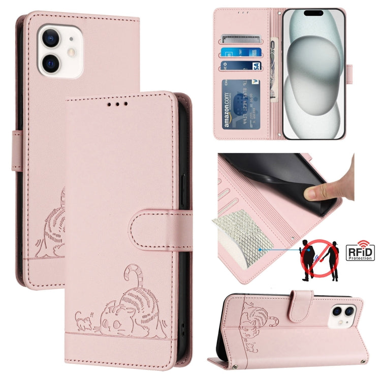 Cat Rat Embossed Pattern RFID Leather Phone Case with Lanyard, For iPhone 13 mini, For iPhone 12/12 Pro, For iPhone 12 Pro Max, For iPhone 12 mini, For iPhone 11 Pro Max, For iPhone 11, For iPhone 11 Pro, For iPhone XS / X
