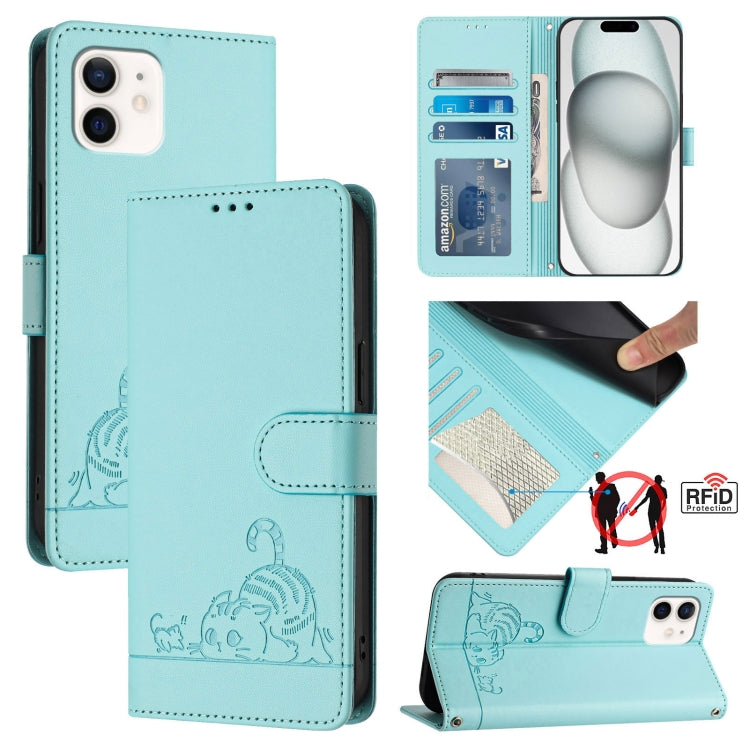 Cat Rat Embossed Pattern RFID Leather Phone Case with Lanyard, For iPhone 13 mini, For iPhone 12/12 Pro, For iPhone 12 Pro Max, For iPhone 12 mini, For iPhone 11 Pro Max, For iPhone 11, For iPhone 11 Pro, For iPhone XS / X