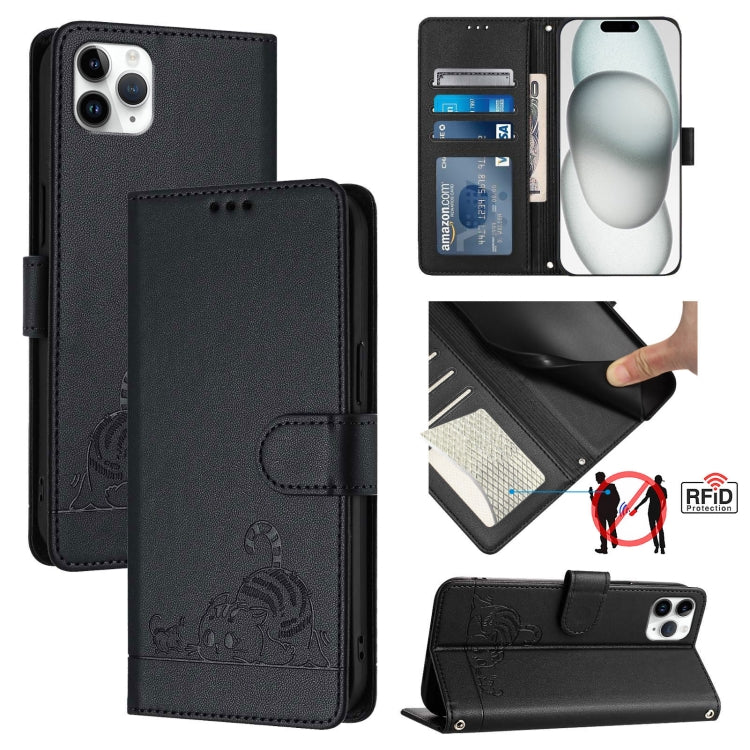Cat Rat Embossed Pattern RFID Leather Phone Case with Lanyard, For iPhone 13 mini, For iPhone 12/12 Pro, For iPhone 12 Pro Max, For iPhone 12 mini, For iPhone 11 Pro Max, For iPhone 11, For iPhone 11 Pro, For iPhone XS / X