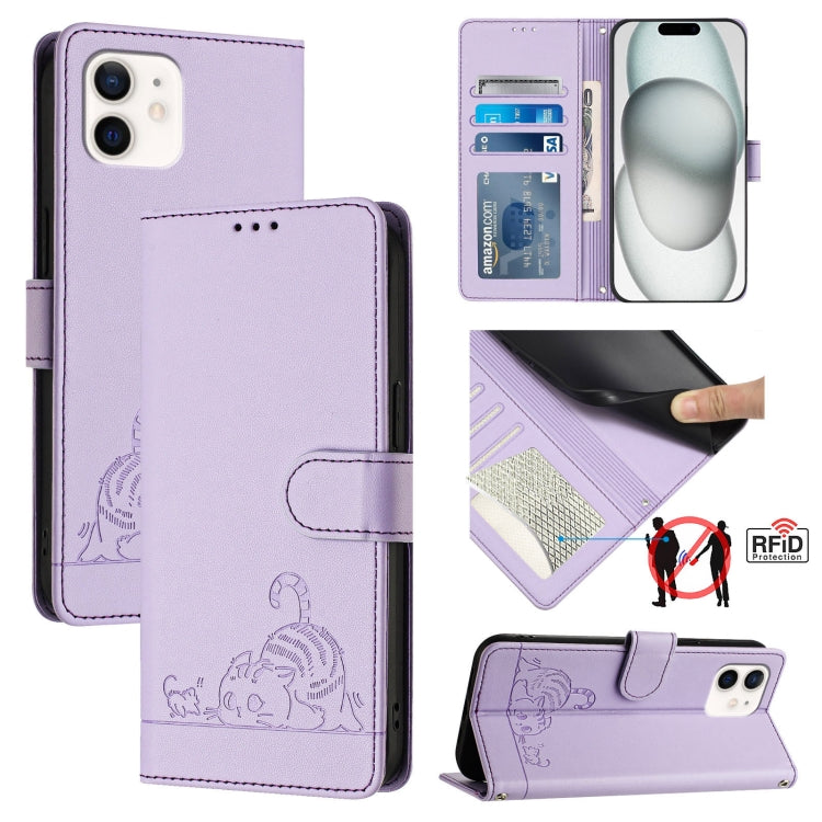 Cat Rat Embossed Pattern RFID Leather Phone Case with Lanyard, For iPhone 13 mini, For iPhone 12/12 Pro, For iPhone 12 Pro Max, For iPhone 12 mini, For iPhone 11 Pro Max, For iPhone 11, For iPhone 11 Pro, For iPhone XS / X