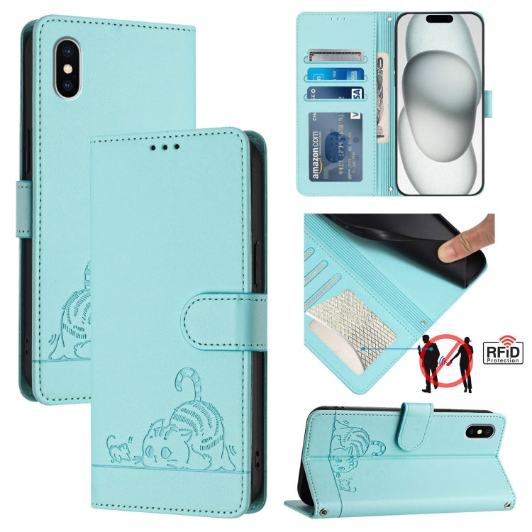 Cat Rat Embossed Pattern RFID Leather Phone Case with Lanyard, For iPhone 13 mini, For iPhone 12/12 Pro, For iPhone 12 Pro Max, For iPhone 12 mini, For iPhone 11 Pro Max, For iPhone 11, For iPhone 11 Pro, For iPhone XS / X