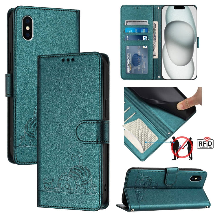 Cat Rat Embossed Pattern RFID Leather Phone Case with Lanyard, For iPhone 13 mini, For iPhone 12/12 Pro, For iPhone 12 Pro Max, For iPhone 12 mini, For iPhone 11 Pro Max, For iPhone 11, For iPhone 11 Pro, For iPhone XS / X