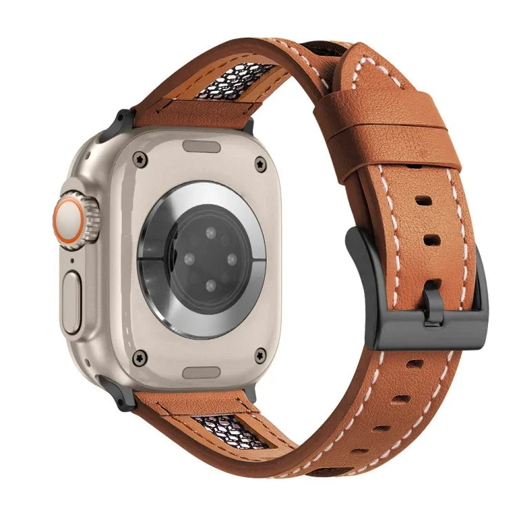 Mesh Calfskin Genuine Leather Watch Band, For Apple Watch SE 2023 44mm, For Apple Watch SE 2023 40mm, For Apple Watch Ultra 2 49mm, For Apple Watch Series 9 45mm, For Apple Watch Series 9 41mm, For Apple Watch Ultra 49mm