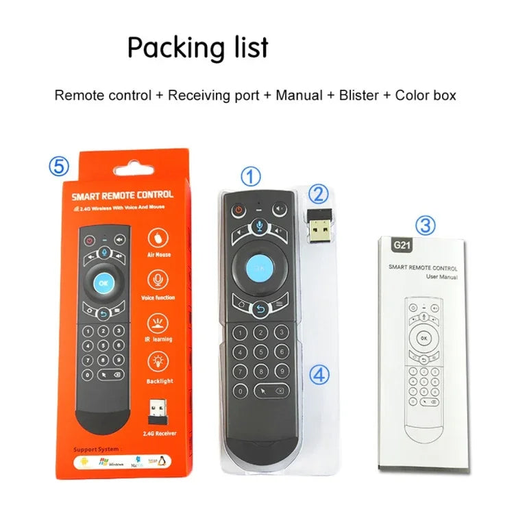 G21 2.4GHz Fly Air Mouse LED Backlight Wireless Keyboard Remote Control with Gyroscope for Android TV Box / PC, Support Intelligent Voice, Orange