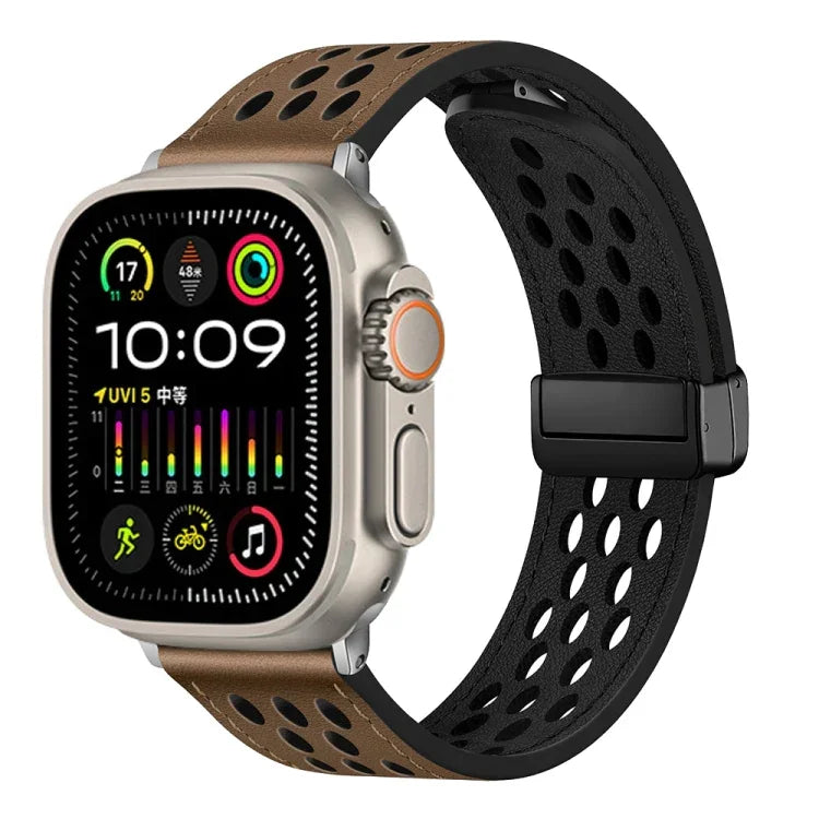 Hole Style Folding Buckle PU Leather Watch Band, For Apple Watch Ultra 49mm