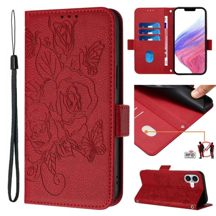 Embossed Rose RFID Anti-theft Leather Phone Case, For iPhone 17 Pro Max, For iPhone 17 Pro, For iPhone 17, For iPhone Air, For iPhone SE 2024, For iPhone 16 Pro Max, For iPhone 16 Pro, For iPhone 16 Plus