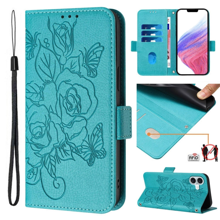 Embossed Rose RFID Anti-theft Leather Phone Case, For iPhone 17 Pro Max, For iPhone 17 Pro, For iPhone 17, For iPhone Air, For iPhone SE 2024, For iPhone 16 Pro Max, For iPhone 16 Pro, For iPhone 16 Plus