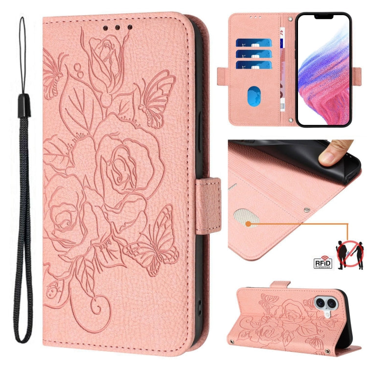 Embossed Rose RFID Anti-theft Leather Phone Case, For iPhone 17 Pro Max, For iPhone 17 Pro, For iPhone 17, For iPhone Air, For iPhone SE 2024, For iPhone 16 Pro Max, For iPhone 16 Pro, For iPhone 16 Plus