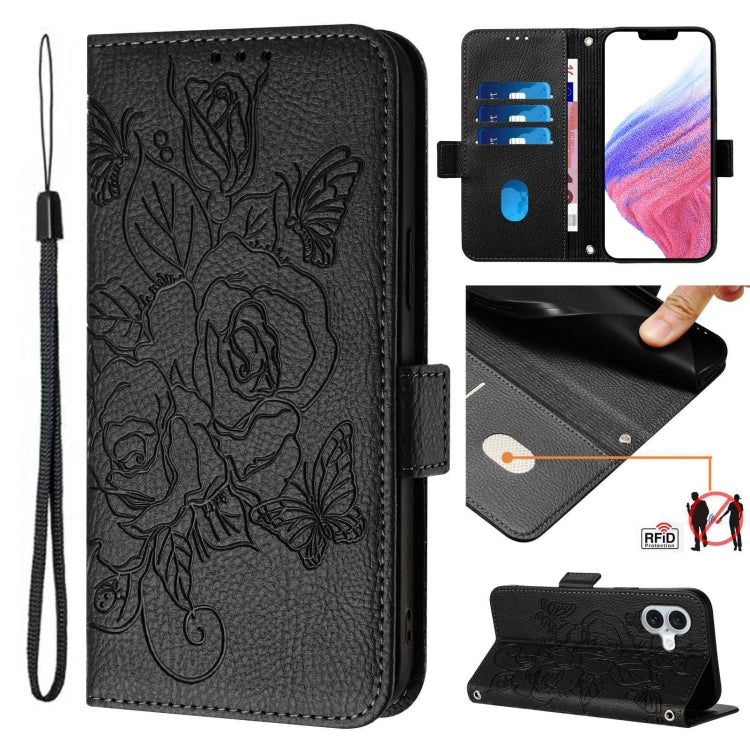 Embossed Rose RFID Anti-theft Leather Phone Case, For iPhone 17 Pro Max, For iPhone 17 Pro, For iPhone 17, For iPhone Air, For iPhone SE 2024, For iPhone 16 Pro Max, For iPhone 16 Pro, For iPhone 16 Plus