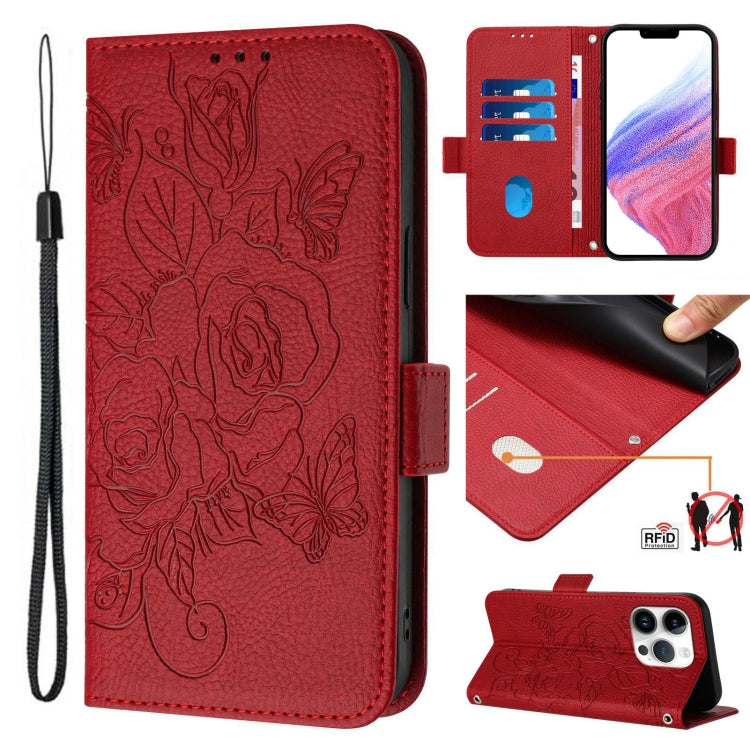 Embossed Rose RFID Anti-theft Leather Phone Case, For iPhone 17 Pro Max, For iPhone 17 Pro, For iPhone 17, For iPhone Air, For iPhone SE 2024, For iPhone 16 Pro Max, For iPhone 16 Pro, For iPhone 16 Plus