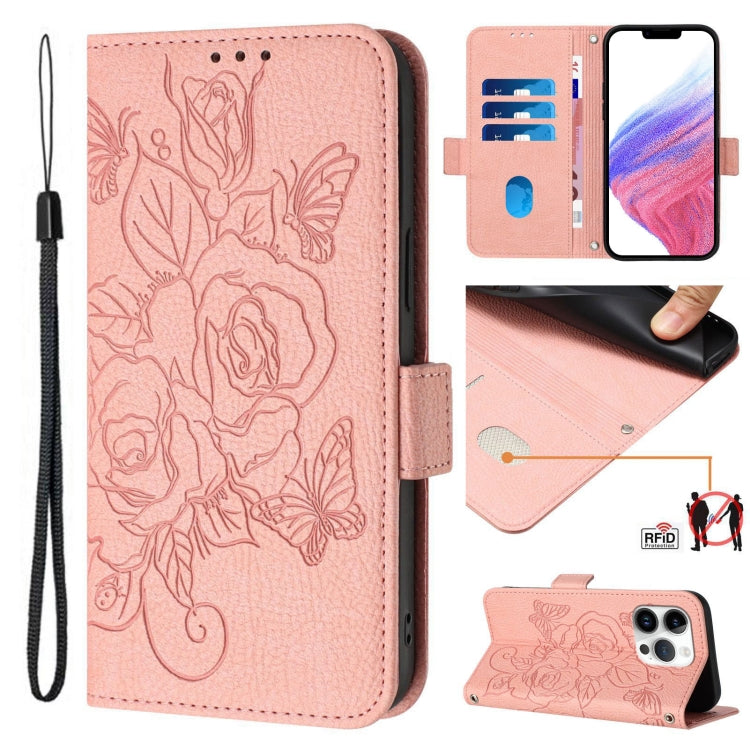 Embossed Rose RFID Anti-theft Leather Phone Case, For iPhone 17 Pro Max, For iPhone 17 Pro, For iPhone 17, For iPhone Air, For iPhone SE 2024, For iPhone 16 Pro Max, For iPhone 16 Pro, For iPhone 16 Plus