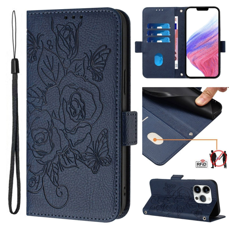 Embossed Rose RFID Anti-theft Leather Phone Case, For iPhone 17 Pro Max, For iPhone 17 Pro, For iPhone 17, For iPhone Air, For iPhone SE 2024, For iPhone 16 Pro Max, For iPhone 16 Pro, For iPhone 16 Plus