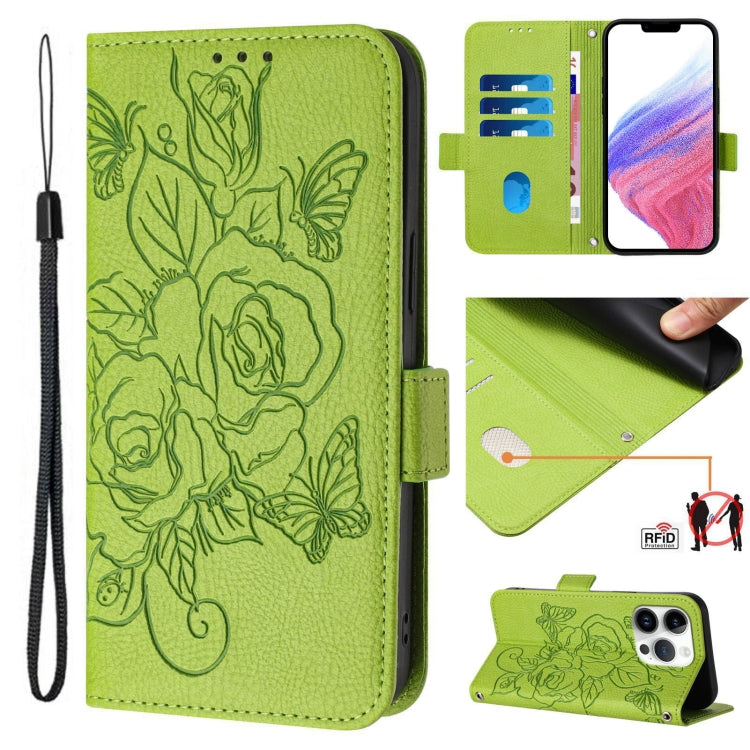Embossed Rose RFID Anti-theft Leather Phone Case, For iPhone 17 Pro Max, For iPhone 17 Pro, For iPhone 17, For iPhone Air, For iPhone SE 2024, For iPhone 16 Pro Max, For iPhone 16 Pro, For iPhone 16 Plus