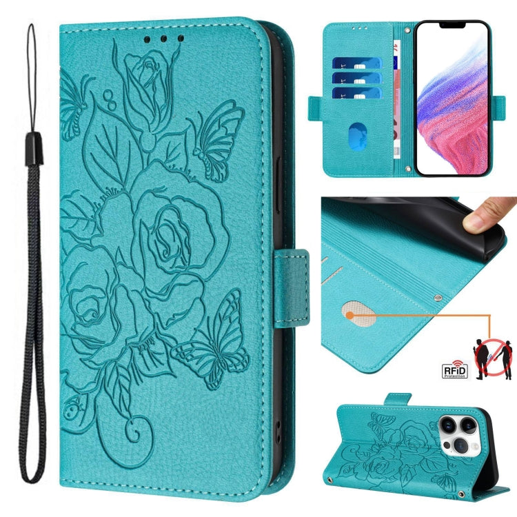 Embossed Rose RFID Anti-theft Leather Phone Case, For iPhone 17 Pro Max, For iPhone 17 Pro, For iPhone 17, For iPhone Air, For iPhone SE 2024, For iPhone 16 Pro Max, For iPhone 16 Pro, For iPhone 16 Plus