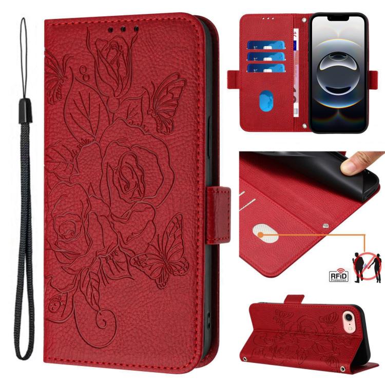 Embossed Rose RFID Anti-theft Leather Phone Case, For iPhone 17 Pro Max, For iPhone 17 Pro, For iPhone 17, For iPhone Air, For iPhone SE 2024, For iPhone 16 Pro Max, For iPhone 16 Pro, For iPhone 16 Plus